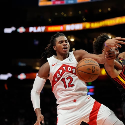 Atlanta Hawks forward Jalen Johnson had 21 points, seven rebounds and four assists in the Hawks' 109-97 loss to the Raptors on Friday. (Mike Stewart/AP)