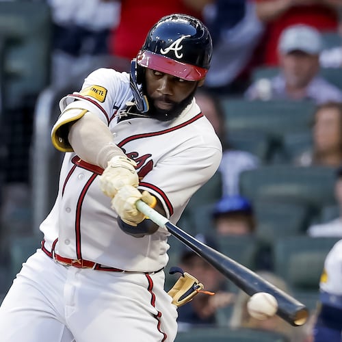 Atlanta Braves' Michael Harris II hits an RBI single against the New York Mets during the second inning of a baseball game, Monday, July 6, 2026, in Atlanta. (AP Photo/Erik S. Lesser)