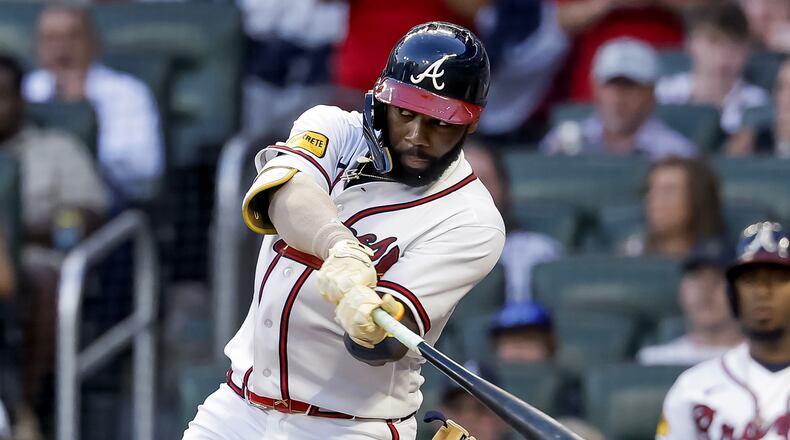 Atlanta Braves' Michael Harris II hits an RBI single against the New York Mets during the second inning of a baseball game, Monday, July 6, 2026, in Atlanta. (AP Photo/Erik S. Lesser)