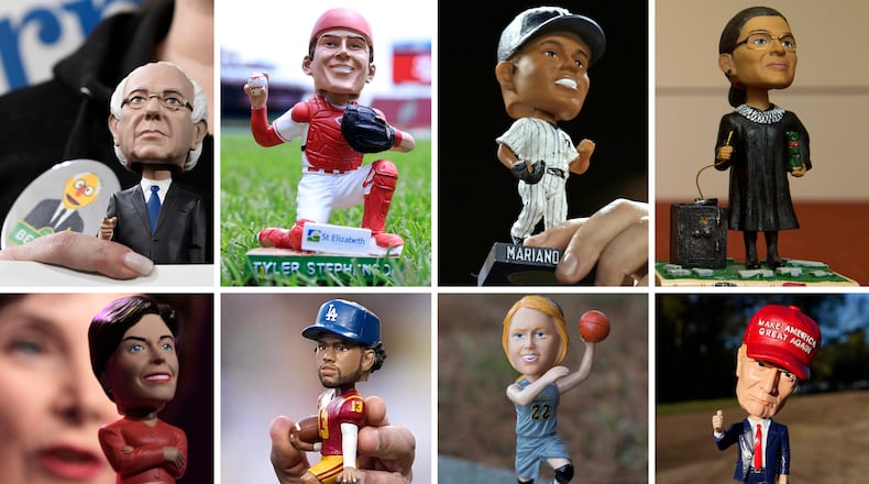 FILE - This collection of file photos showing various bobblehead figures on different dates and locations. (AP Photos/File)