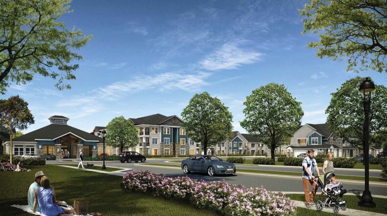 Rendering of 298 apartments and townhomes slated for the 123-acre mixed-use development Village Square at Newnan Crossing in Coweta County.