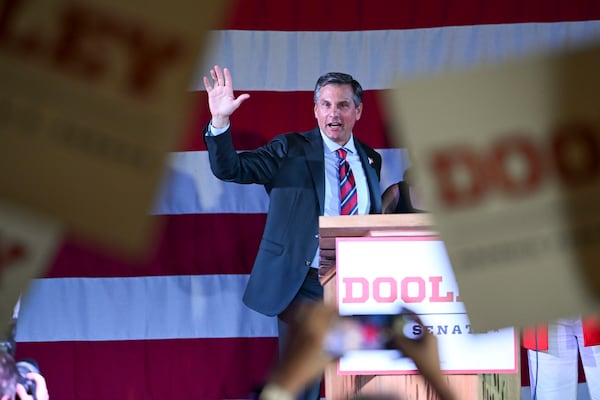 Georgia GOP gubernatorial candidate Derek Dooley speaks to supporters at his election night party at Park Bench at the Battery during the 2026 Georgia primary elections Tuesday, May 19, 2026, in Atlanta. (Daniel Varnado for the AJC)