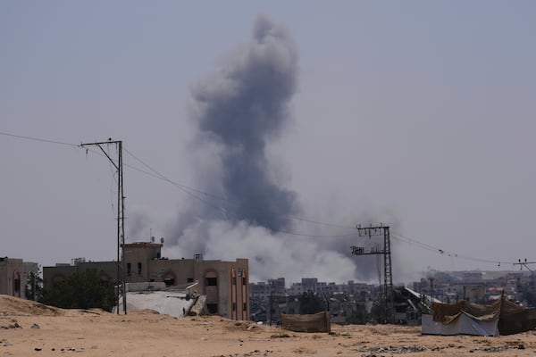 Smoke rises from an Israeli army airstrike east of Khan Younis, Gaza, Sunday, June 8, 2025. (AP Photo/Abdel Kareem Hana)