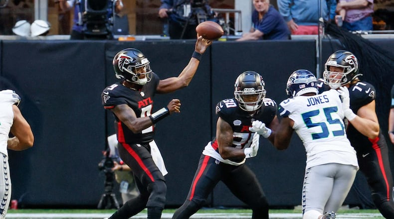 Atlanta Falcons quarterback Michael Penix Jr. (9) attempts a pass during the second half of an NFL football game against the Seattle Seahawks on Sunday, October 20, 2024, at Mercedes-Benz Stadium in Atlanta.
(Miguel Martinez/ AJC)