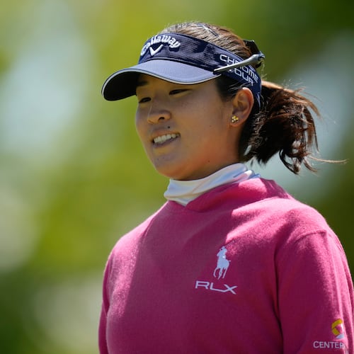 Andrea Lee reacts after sinking her putt on the ninth green during the first round of the Mizuho Americas Open LPGA golf tournament, Thursday, May 7, 2026, in West Caldwell, N.J. (AP Photo/Seth Wenig)