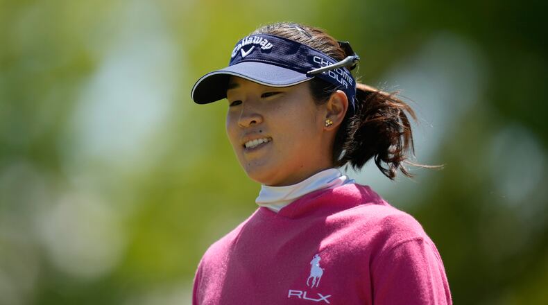 Andrea Lee reacts after sinking her putt on the ninth green during the first round of the Mizuho Americas Open LPGA golf tournament, Thursday, May 7, 2026, in West Caldwell, N.J. (AP Photo/Seth Wenig)