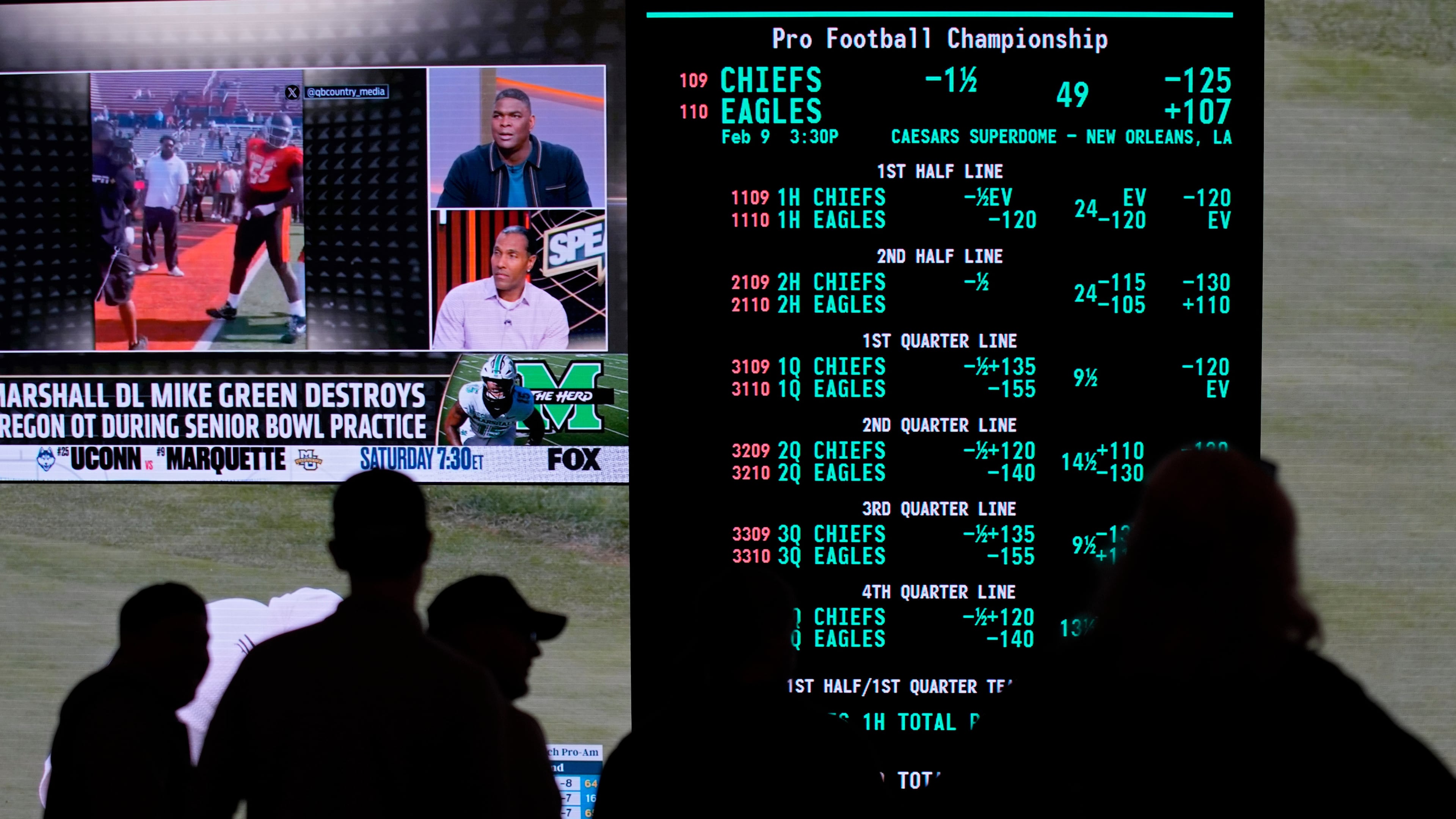 FILE - Betting odds for Super Bowl LIX are displayed on monitors at the Circa resort and casino sports book, Jan. 30, 2025, in Las Vegas. (AP Photo/John Locher, File)