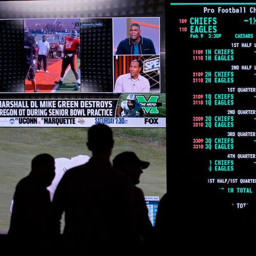 FILE - Betting odds for Super Bowl LIX are displayed on monitors at the Circa resort and casino sports book, Jan. 30, 2025, in Las Vegas. (AP Photo/John Locher, File)