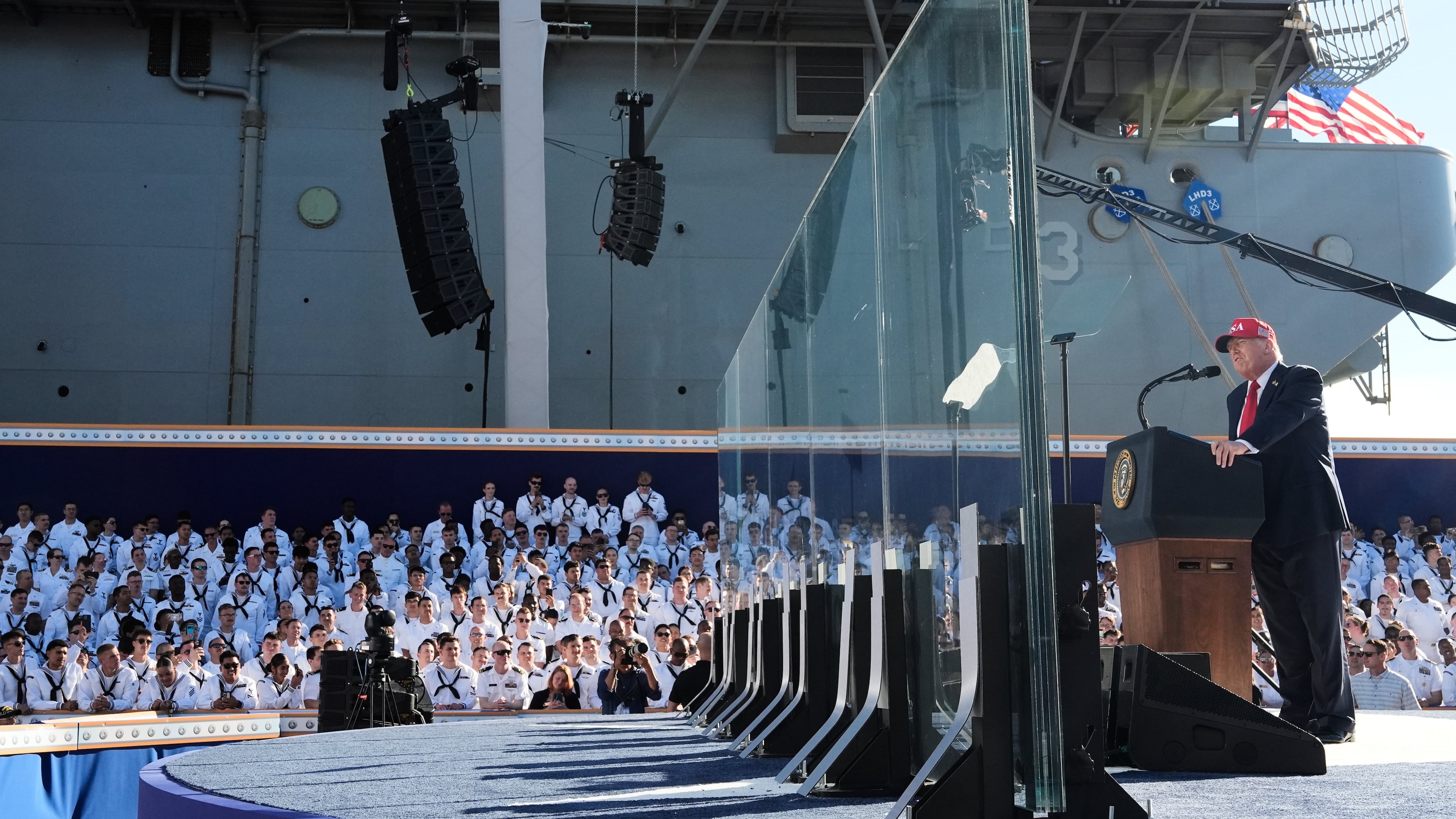 President Donald Trump speaks during a celebration for the 250th anniversary of the U.S. Navy aboard the USS Harry S. Truman at Naval Station Norfolk, Sunday Oct. 5, 2025 in Norfolk, Va. (AP Photo/Alex Brandon)