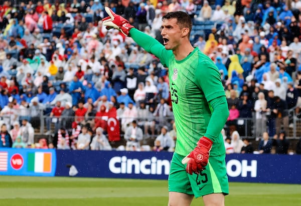 United States goalie Matt Freese (25) directs his team during the first half of an international friendly soccer game against Turkey, Saturday, June 7, 2025, in East Hartford, Conn. (AP Photo/Mary Schwalm)