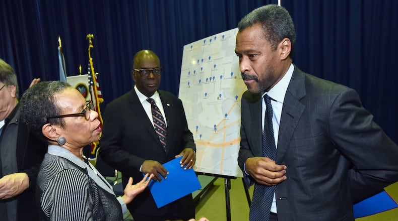 Mary Schmidt Campbell (left), president of Spelman College and John Silvanus Wilson Jr., president of Morehouse College speak as Ronald Johnson (center), president of Clark Atlanta University looks on while announcing security improvements at The Atlanta University Center. Presidents at historic black colleges and universities are feeling more pressure and holding shorter tenures thanks to financial pressures and on-campus politics. HYOSUB SHIN / HSHIN@AJC.COM