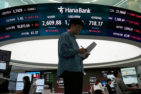 A currency trader works near a screen showing the Korea Composite Stock Price Index (KOSPI), top center left, and the foreign exchange rate between U.S. dollar and South Korean won, top center, at the foreign exchange dealing room of the KEB Hana Bank headquarters in Seoul, South Korea, Thursday, May 22, 2025. (AP Photo/Ahn Young-joon)