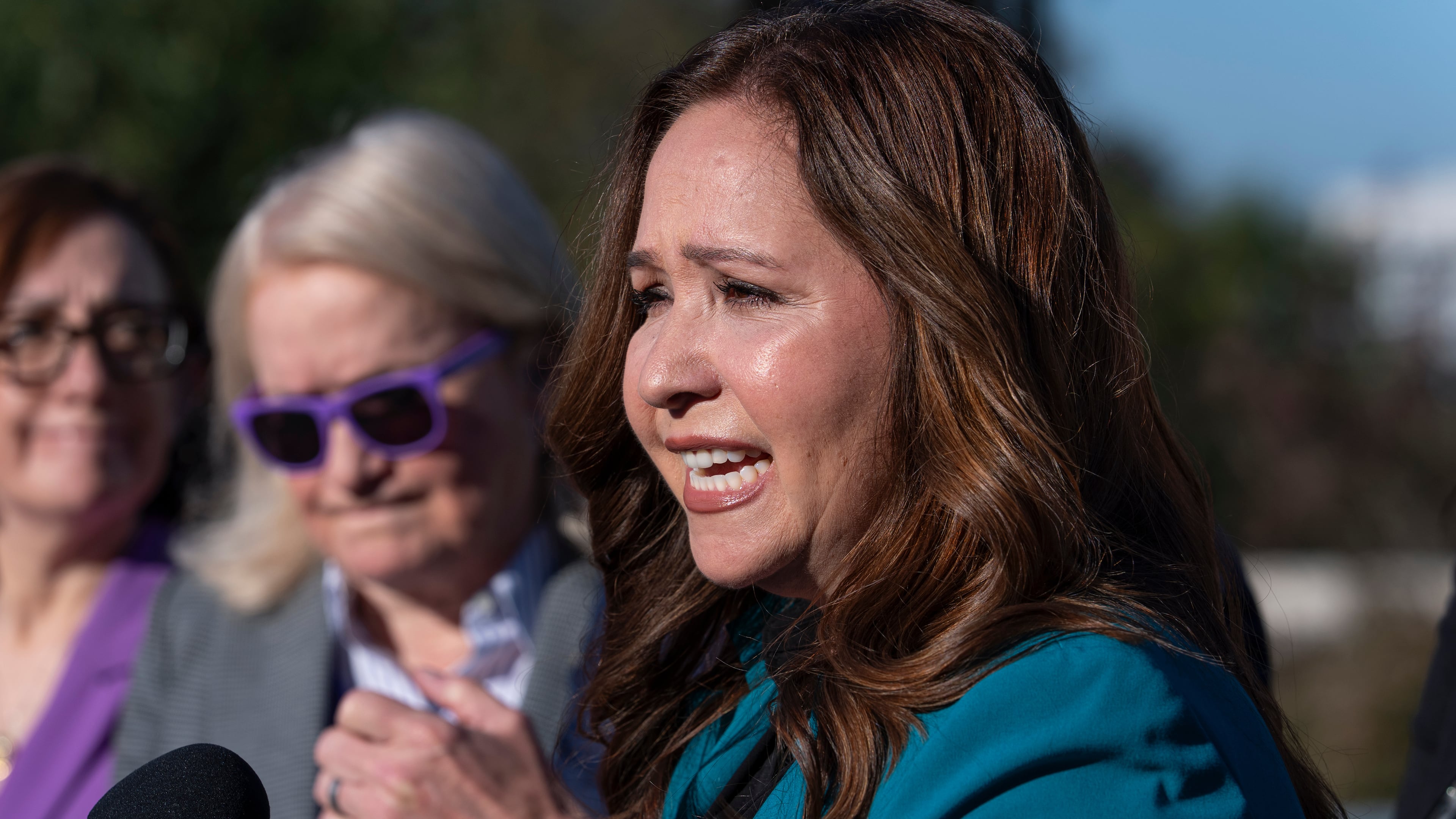 Rep.-elect Adelita Grijalva, D-Ariz., speaks as she is surrounded by supporters who have urged that House Speaker Mike Johnson swear her in, at the Capitol in Washington, Wednesday, Oct. 15, 2025. (AP Photo/J. Scott Applewhite)