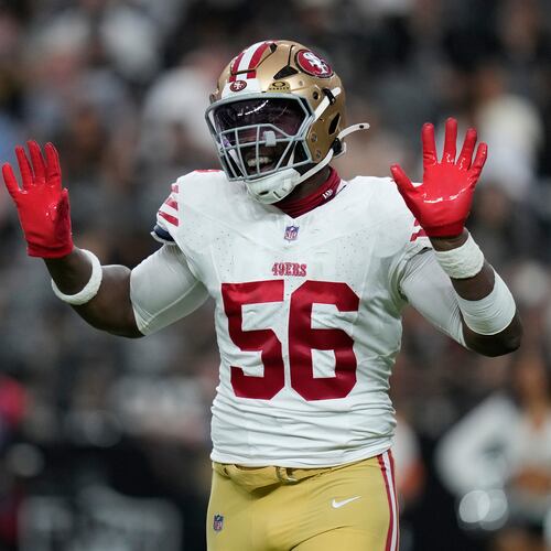 San Francisco 49ers defensive end Keion White celebrates after a sack during the first half of an NFL preseason football game against the Las Vegas Raiders, Thursday, Aug. 27, 2026}, in Las Vegas. (AP Photo/John Locher)