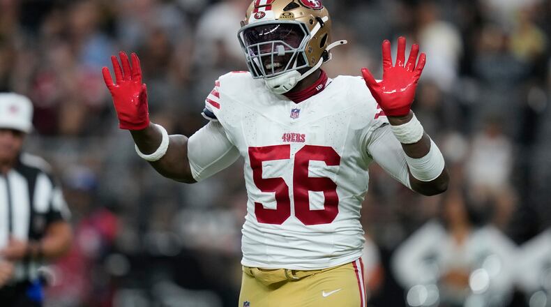 San Francisco 49ers defensive end Keion White celebrates after a sack during the first half of an NFL preseason football game against the Las Vegas Raiders, Thursday, Aug. 27, 2026}, in Las Vegas. (AP Photo/John Locher)