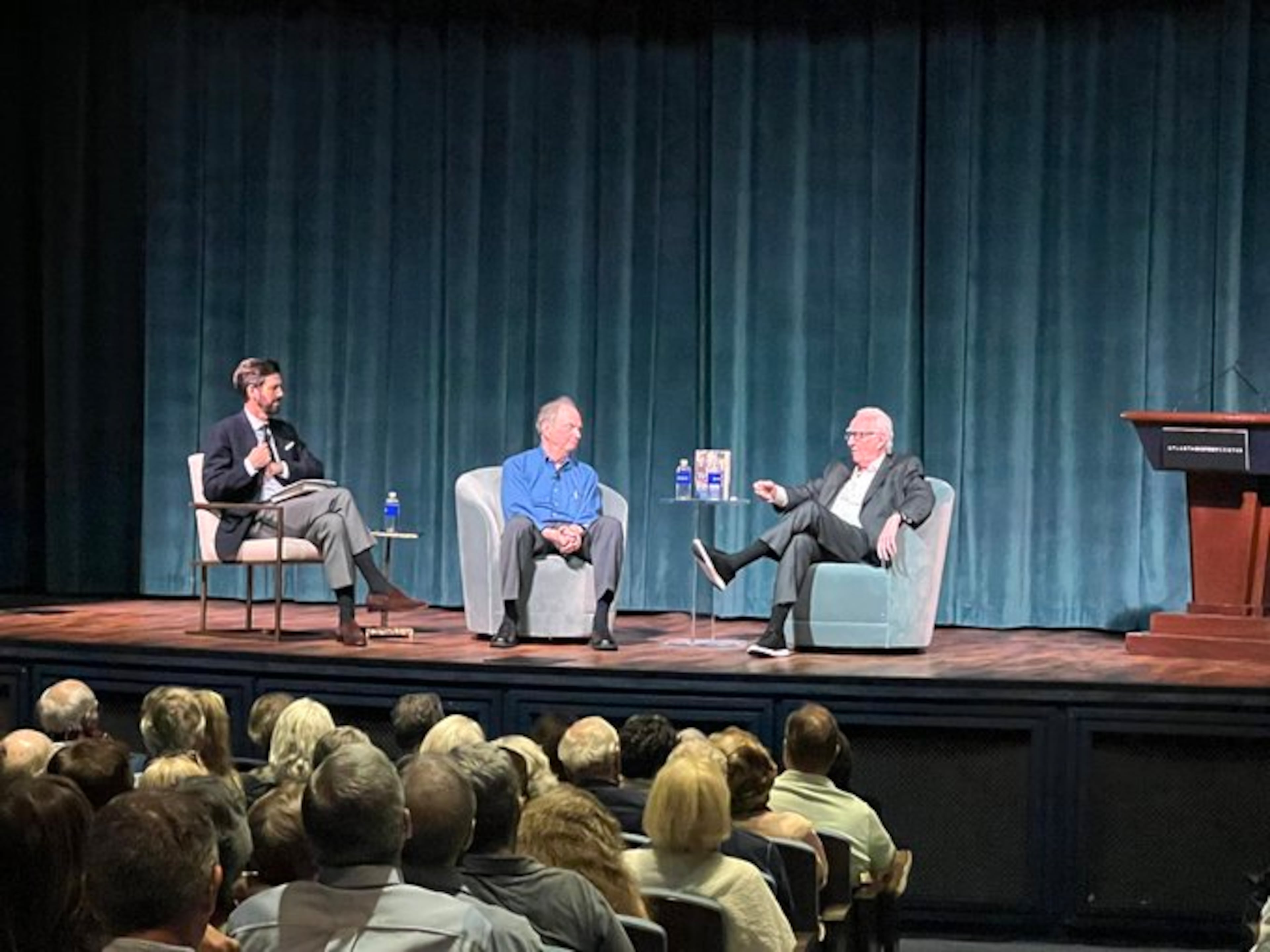 A crowd turned out to hear former U.S. Sen. Wyche Fowler (right) at the Atlanta History Center on Tuesday. Joining him on stage were (left to right) historian Joseph Crespino of Emory University and R. William Johnstone, author of a book on Fowler.