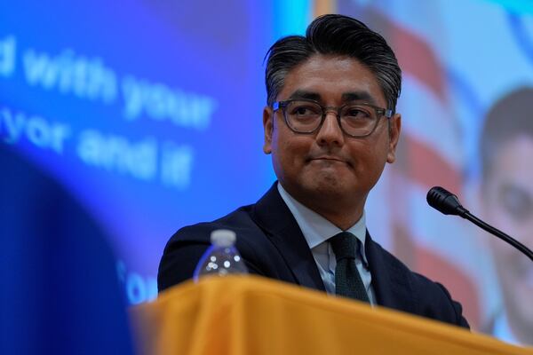 Incumbent Cincinnati Mayor Aftab Pureval participates in a candidate forum with Brian Frank hosted by the Cincinnati NAACP, Tuesday, April 15, 2025, in Cincinnati. (AP Photo/Carolyn Kaster)