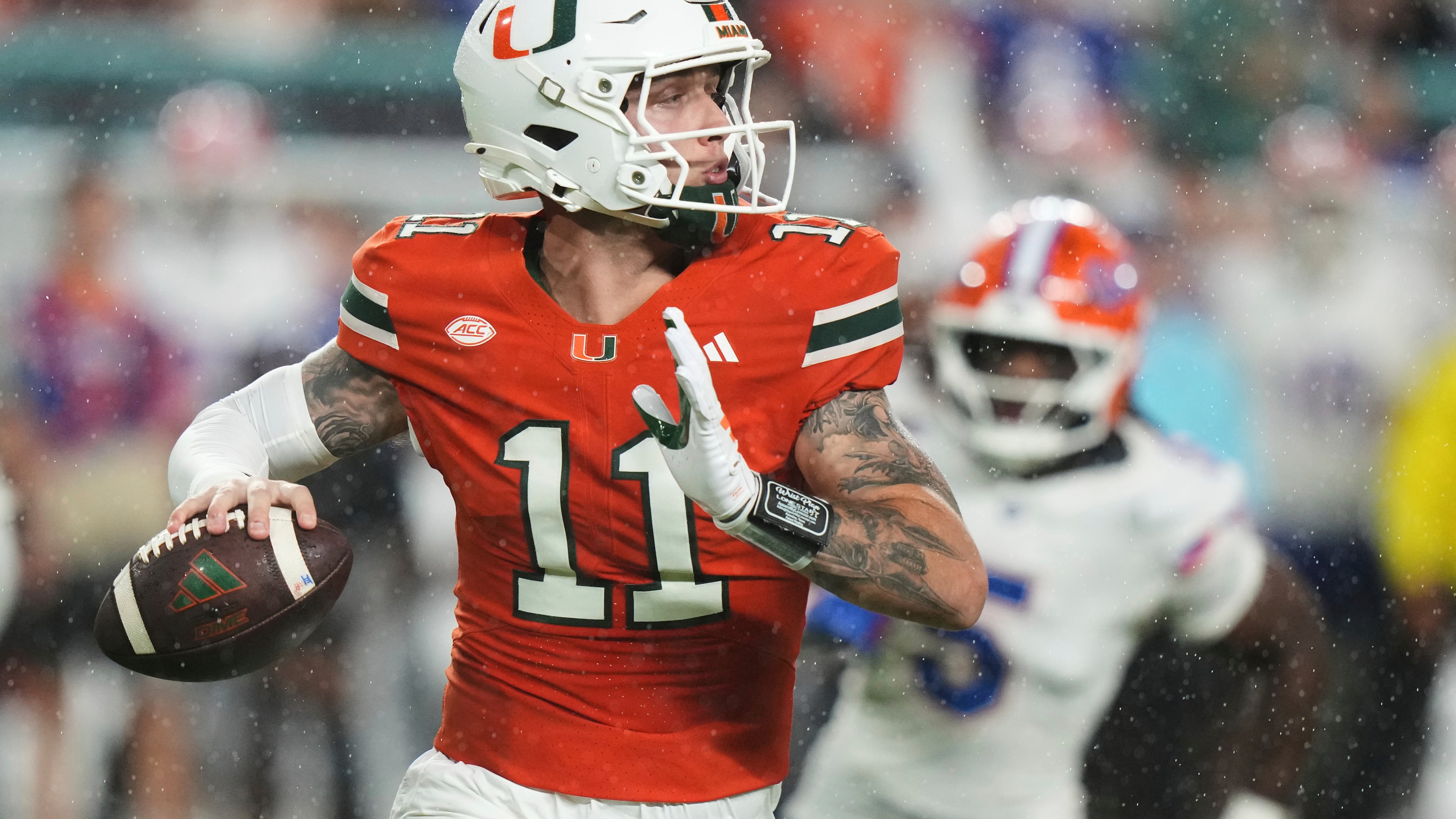 Miami quarterback Carson Beck looks to pass against Florida on Saturday, Sept. 20, 2025, in Miami Gardens. Beck was 17-of-30 passing for 160 yards and an interception in a soggy game at Hard Rock Stadium. (Lynne Sladky/AP)