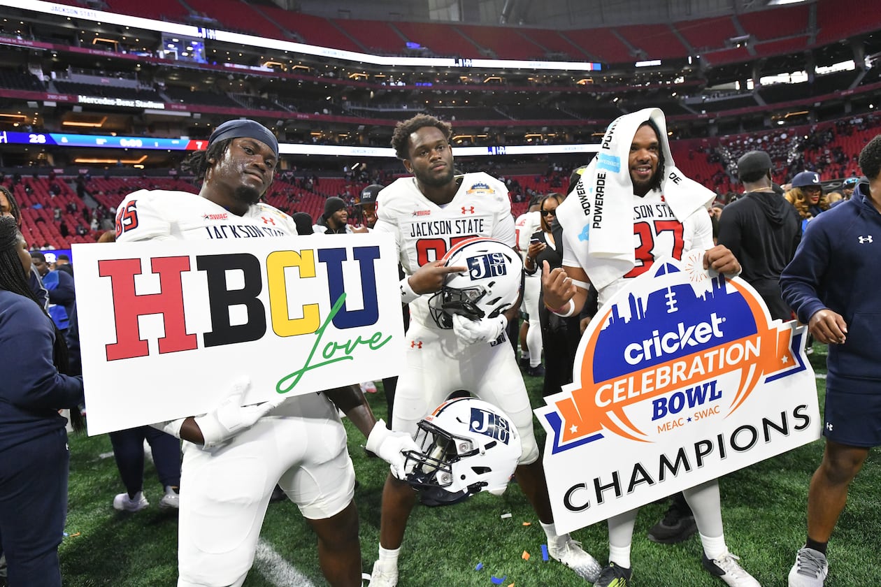 Jackson State players celebrate victory over South Carolina State in the 2024 Celebration Bowl at Mercedes-Benz Stadium. The Tigers are once again in contention for a spot in the bowl game. (Hyosub Shin/AJC 2024)
