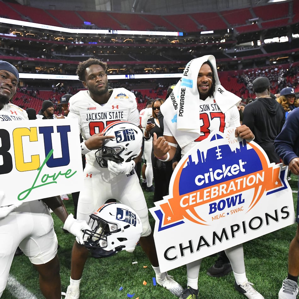 Jackson State players celebrate victory over South Carolina State in the 2024 Celebration Bowl at Mercedes-Benz Stadium. The Tigers are once again in contention for a spot in the bowl game. (Hyosub Shin/AJC 2024)