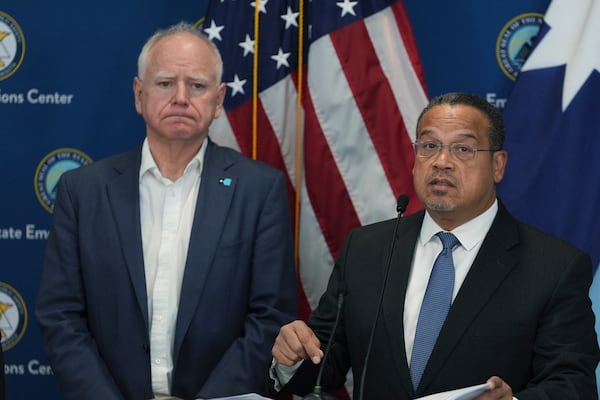 Gov. Tim Walz (left) and Attorney General Keith Ellison, both from Minnesota, will testify before a U.S. House committee today. (Abbie Parr/AP)