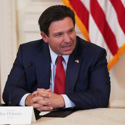 FILE - Florida Gov. Ron DeSantis speaks before a roundtable discussion on college sports in the East Room of the White House in Washington, March 6, 2026. (AP Photo/Julia Demaree Nikhinson, File)