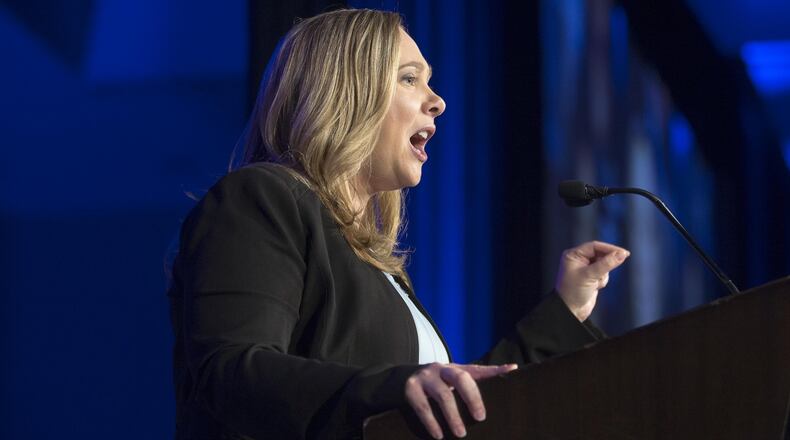 Sarah Riggs Amico, the Democratic candidate to become Georgia’s lieutenant governor, speaks during the Georgia Democratic Convention in Atlanta in August. (ALYSSA POINTER/ALYSSA.POINTER@AJC.COM)