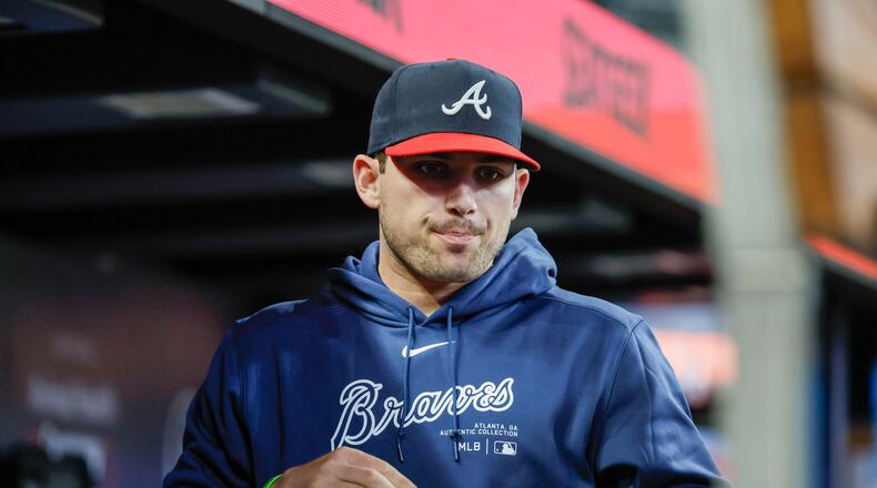 Braves third baseman Austin Riley (27) is seen in the dugout as the Braves face the Chicago Cubs 
at Truist Park on Tuesday, May 14, 2024. (Miguel Martinez/ AJC)