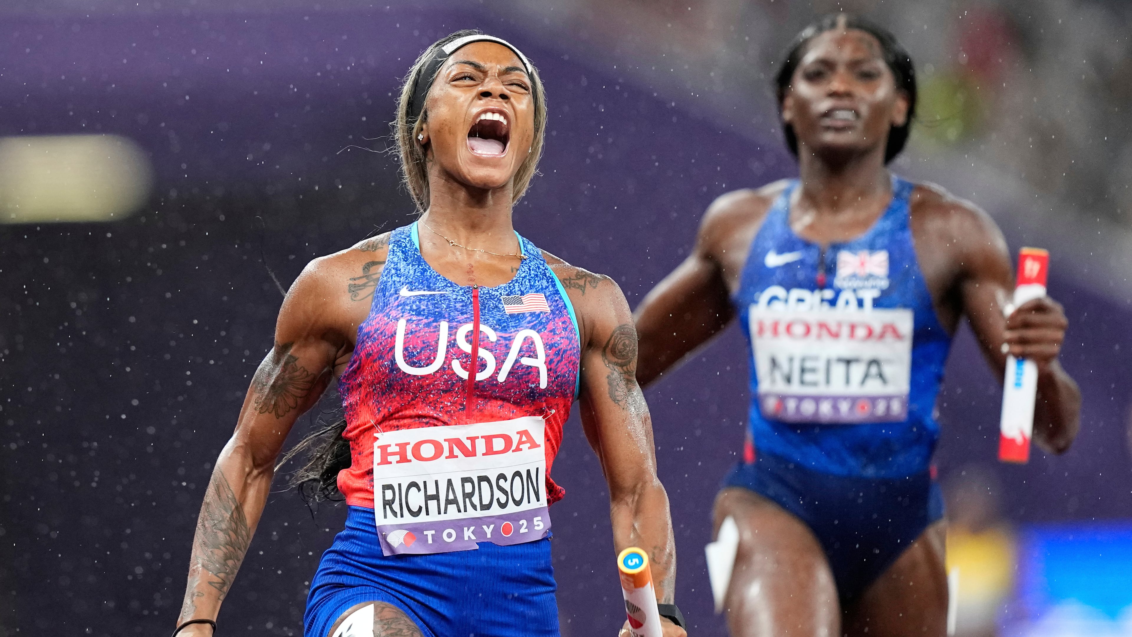 FILE - United States' Sha'Carri Richardson celebrates as she anchors the team to gold ahead of Britain's Daryll Neita in the women's 4 X 100 meters relay final at the World Athletics Championships in Tokyo, Sept. 21, 2025. (AP Photo/Petr David Josek, File)