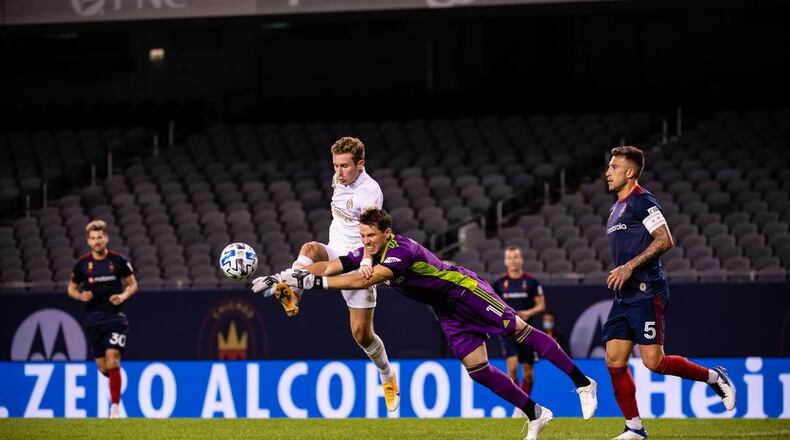 Chicago Fire goalkeeper Bobby Shuttleworth denies Atlanta United midfielder Jon Gallagher during game Sunday, Sept. 27, 2020, at Soldier Field in Chicago. Chicago won 2-0. (Atlanta United)