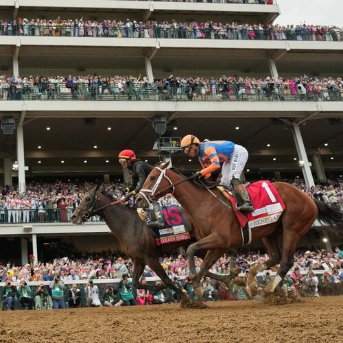 Golden Tempo (19) ridden by Jose L. Ortiz wins the 152nd running of the Kentucky Derby horse race followed by Renegade (1) ridden by Irad Ortiz, Jr., at Churchill Downs, Saturday, May 2, 2026, in Louisville, Ky. (AP Photo/Abbie Parr)
