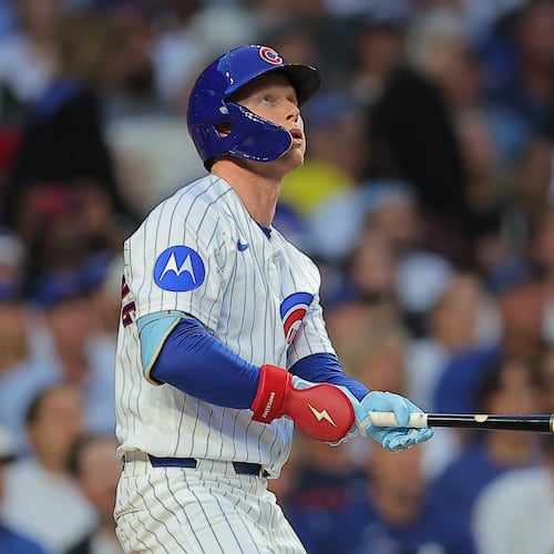 Chicago Cubs' Pete Crow-Armstrong watches his home run during the first inning of a baseball game against the Chicago White Sox, Tuesday, Aug. 18, 2026, in Chicago. (AP Photo/Melissa Tamez)