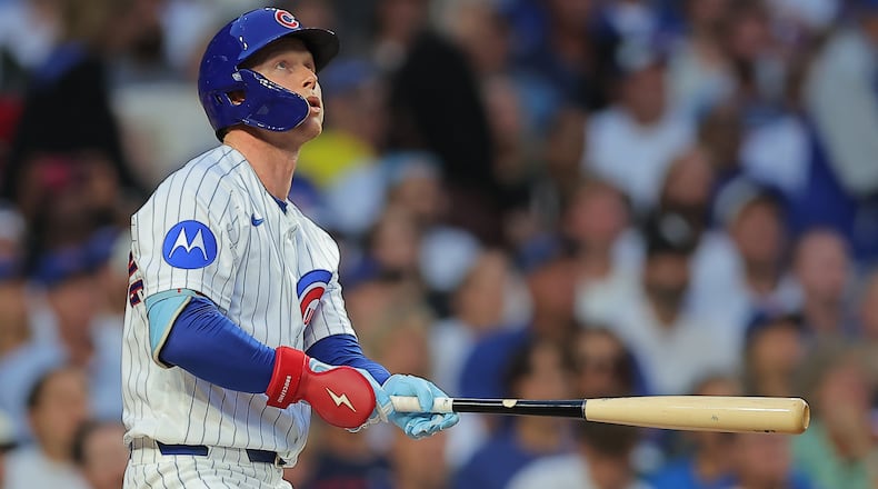 Chicago Cubs' Pete Crow-Armstrong watches his home run during the first inning of a baseball game against the Chicago White Sox, Tuesday, Aug. 18, 2026, in Chicago. (AP Photo/Melissa Tamez)