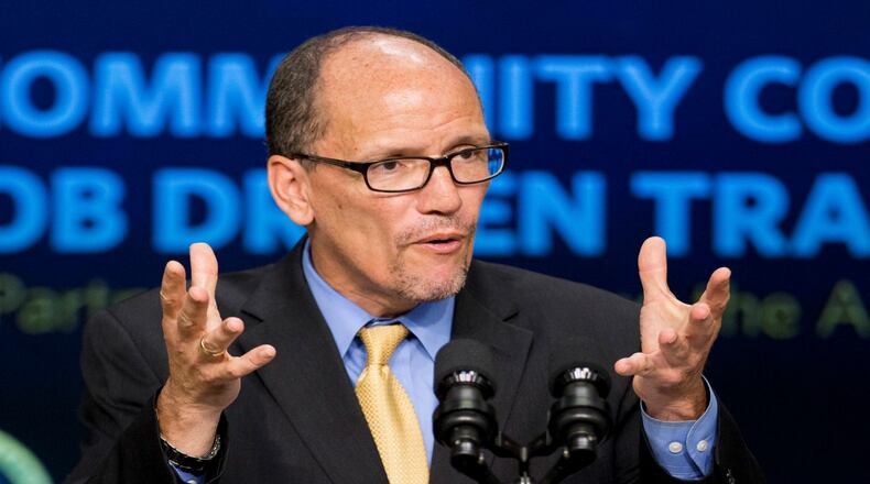 FILE - In this Sept. 29, 2014 file photo, then-Labor Secretary Tom Perez speaks in the South Court Auditorium in the White House compound in Washington. (AP Photo/Manuel Balce Ceneta, File)