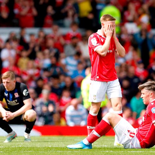 Wrexham's Josh Windass reacts at the end of the EFL Championship soccer match between Wrexham and Middlesbrough, in Wrexham, Wales, Saturday May 2, 2026. (Cody Froggatt/PA via AP)