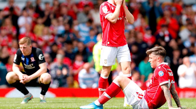 Wrexham's Josh Windass reacts at the end of the EFL Championship soccer match between Wrexham and Middlesbrough, in Wrexham, Wales, Saturday May 2, 2026. (Cody Froggatt/PA via AP)