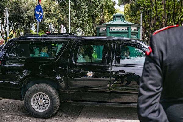 U.S. Vice President JD Vanc and his family arrives at Basilica Papale di San Paolo Fuori le Mura (Basilica of Saint Paul Outside the Walls) to attend Easter mass, in Rome, Italy, Sunday, April 20, 2025. (Kenny Holston/Pool Photo via AP)