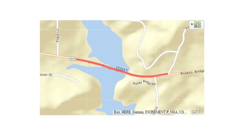 Map depicts the location of a new bridge for Browns Bridge Road (Ga. 369) over Two Mile Creek in eastern Forsyth County, where overnight lane closures are planned as crews complete the project. GEORGIA DEPARTMENT OF TRANSPORTATION