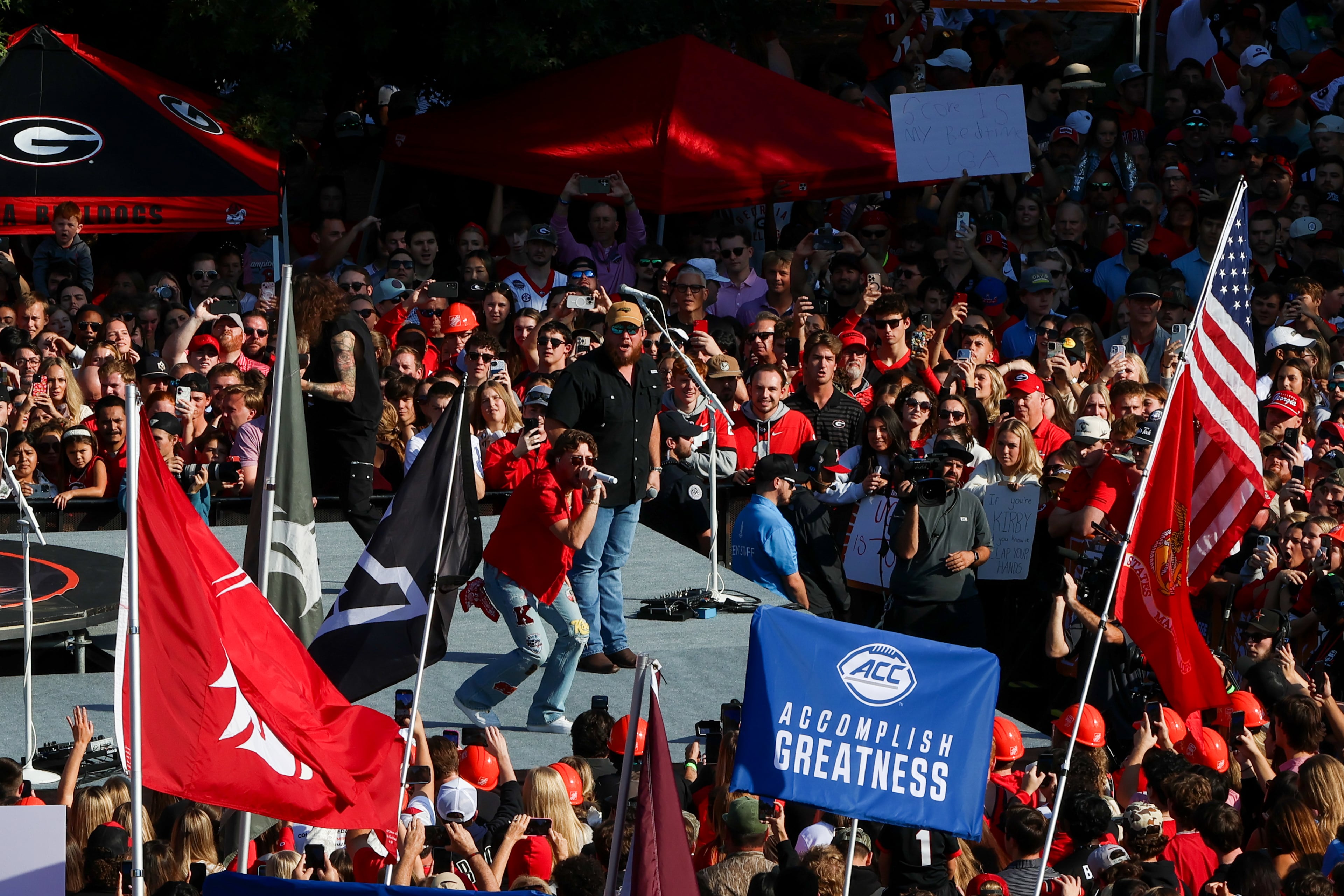 Country artists Bailey Zimmerman and Luke Combs perform during the ESPN College GameDay broadcast from Myers Quad at UGA on Saturday, Oct. 18, 2025. (C.J. Bartunek for the AJC)