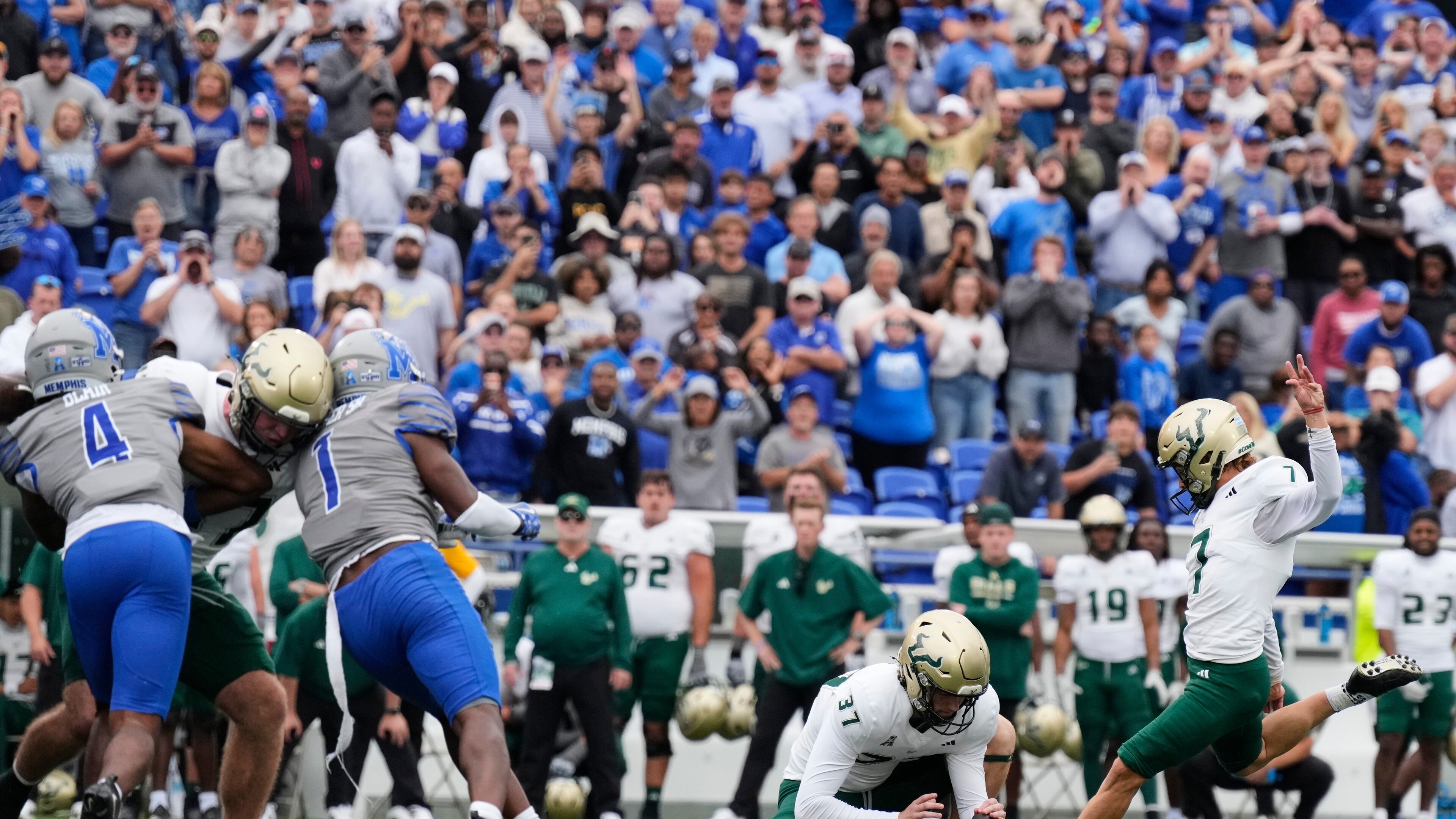 South Florida kicker Nico Gramatica (7) misses a field goal to tie the game during the second half of an NCAA college football game against Memphis, Saturday, Oct. 25, 2025, in Memphis, Tenn. (AP Photo/George Walker IV)