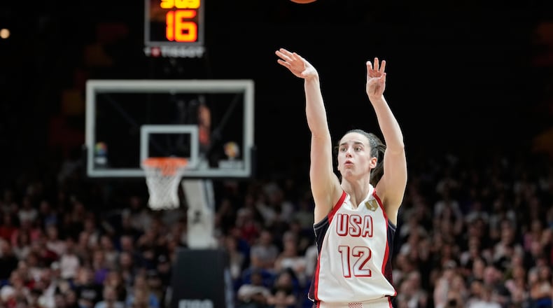 Caitlin Clark, of the United States, shoots during the Women's Basketball World Cup match between the United States and Czechia in Berlin, Monday, Sept. 7, 2026. (AP Photo/Ebrahim Noroozi)