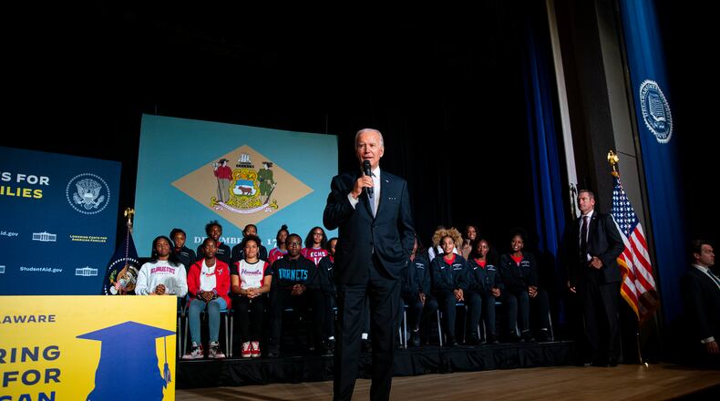 President Joe Biden speaks about student loan forgiveness at Delaware State University in Dover, Del. on Friday, Oct. 21, 2022. Biden delivered a robust defense of his decision to forgive student debt for millions of Americans on Friday and accused Republicans who are trying to obstruct the initiative of trying to inflict pain on the middle class. (Al Drago/The New York Times)