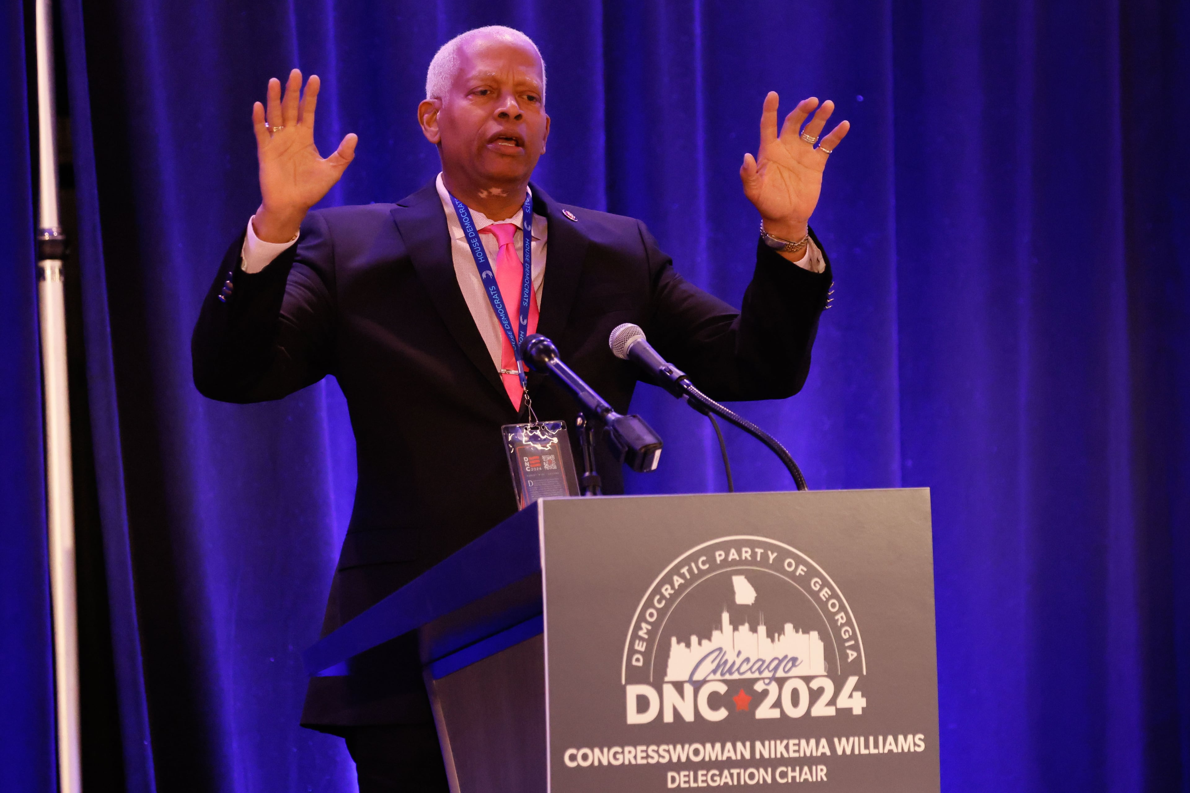 U.S. Rep. Hank Johnson, D-Lithonia, addresses the Georgia delegation breakfast at the Hyatt Regency on Thursday, August 22, 2024, during the Democratic National Convention in Chicago. (Miguel Martinez/AJC)