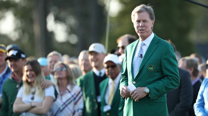 Augusta National Golf Club Chairman Fred Ridley speaks to the patrons before the start of the 2019 Masters Thursday, April 11, 2019, at Augusta National Golf Club in Augusta.
