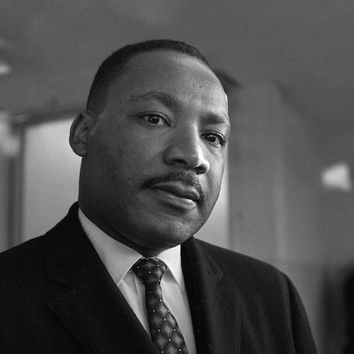 Rev. Martin Luther King Jr. seen at Contra Costa College ahead of his lecture in San Pablo, Calif. on Feb. 14, 1964. (Pete Breinig/San Francisco Chronicle via AP)