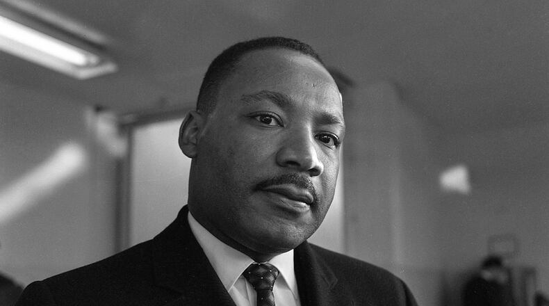 Rev. Martin Luther King Jr. seen at Contra Costa College ahead of his lecture in San Pablo, Calif. on Feb. 14, 1964. (Pete Breinig/San Francisco Chronicle via AP)