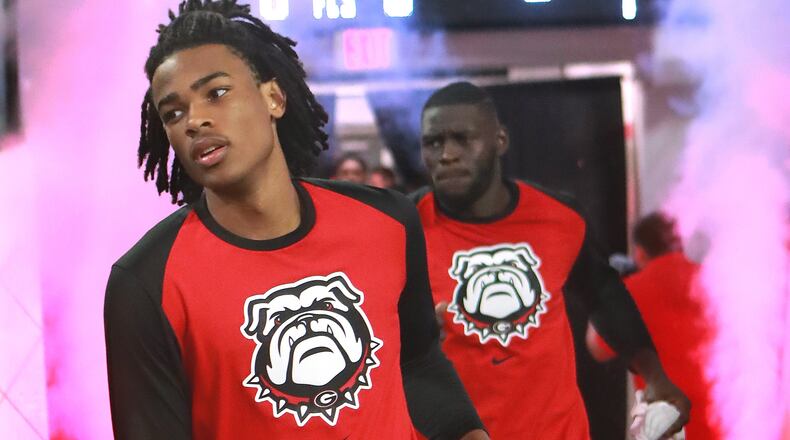 Georgia forwards Nicolas Claxton and Derek Ogbeide take the floor to play Kennesaw State in their NCAA college basketball game on Tuesday, Nov. 27, 2018, in Athens.   Curtis Compton/ccompton@ajc.com