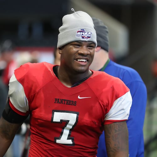 Linebacker Trezmen Marshall, the most highly rated of 10 three-star or higher prospects from Clinch County since 2021, celebrates after his Panthers defeated Irwin County, 27-20, in the Class A public championship at Mercedes-Benz Stadium on Tuesday, Dec. 11, 2018, in Atlanta. (Jason Getz/AJC)