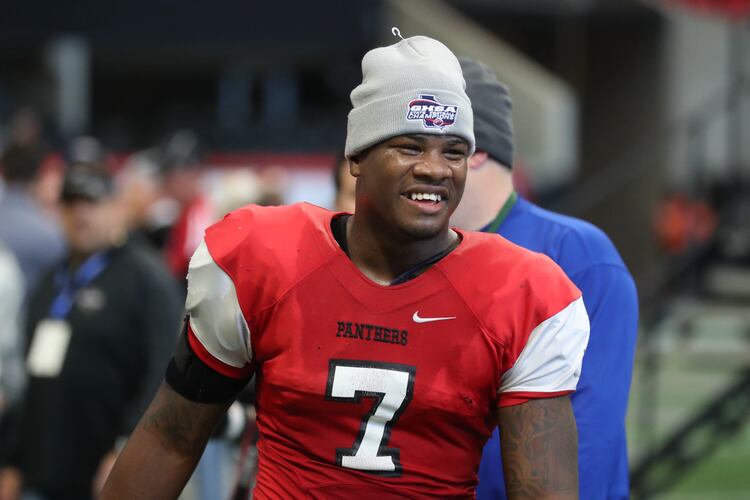 Linebacker Trezmen Marshall, the most highly rated of 10 three-star or higher prospects from Clinch County since 2021, celebrates after his Panthers defeated Irwin County, 27-20, in the Class A public championship at Mercedes-Benz Stadium on Tuesday, Dec. 11, 2018, in Atlanta. (Jason Getz/AJC)