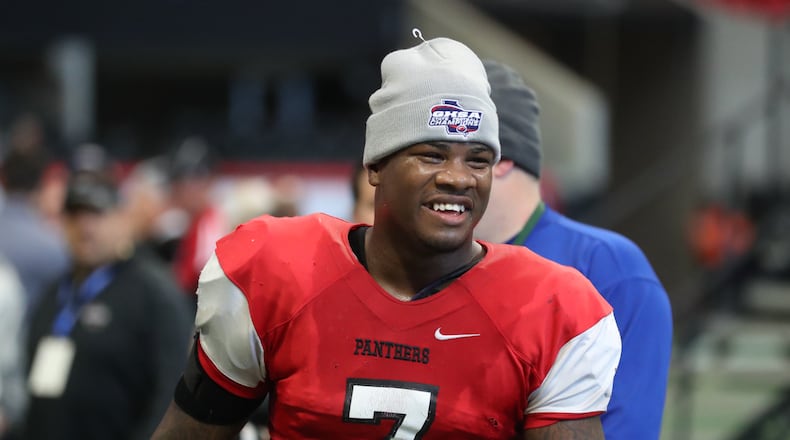 Linebacker Trezmen Marshall, the most highly rated of 10 three-star or higher prospects from Clinch County since 2021, celebrates after his Panthers defeated Irwin County, 27-20, in the Class A public championship at Mercedes-Benz Stadium on Tuesday, Dec. 11, 2018, in Atlanta. (Jason Getz/AJC)